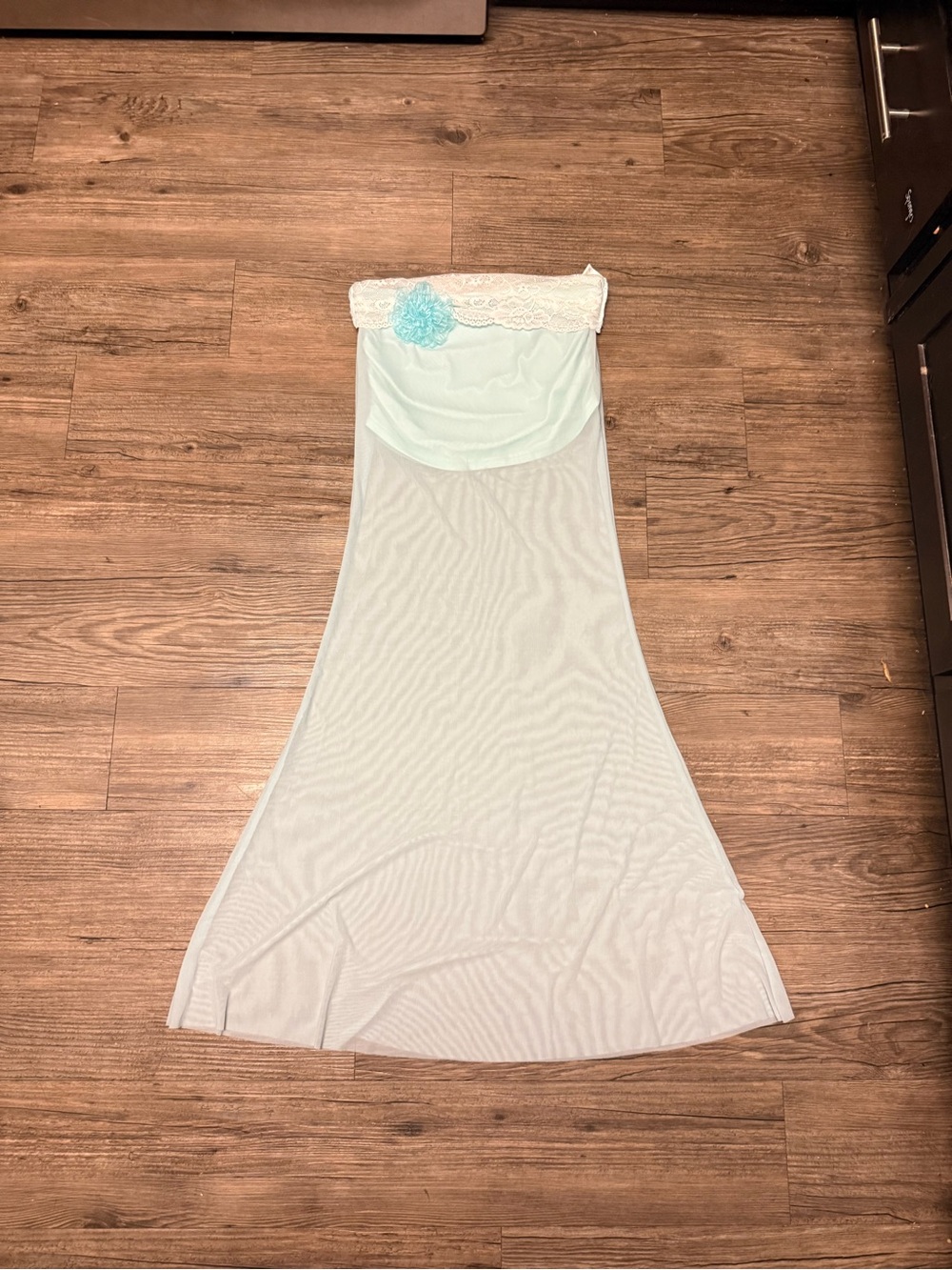 Mesh Mint Maxi Skirt with Lace Waist and Floral Accent